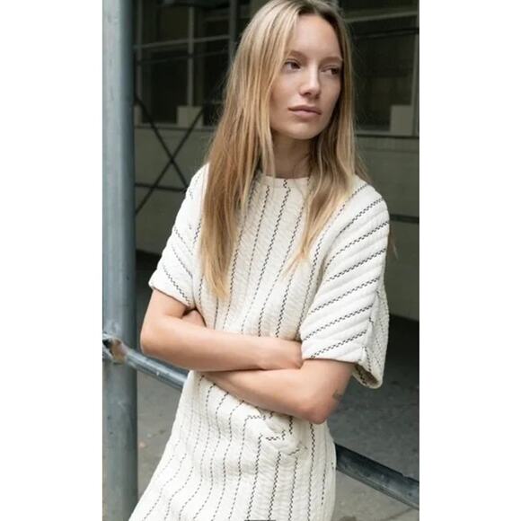 Zara Oversized Striped Quilted Midi Dress Cream & Black Weave Size Large - Picture 2 of 14